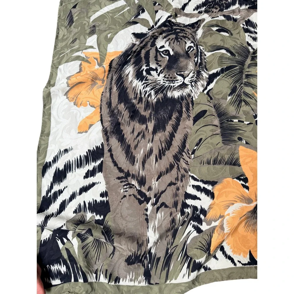 Vintage Italian Silk Scarf Green Tiger Leopard Floral Animal Print 32x34 Safari